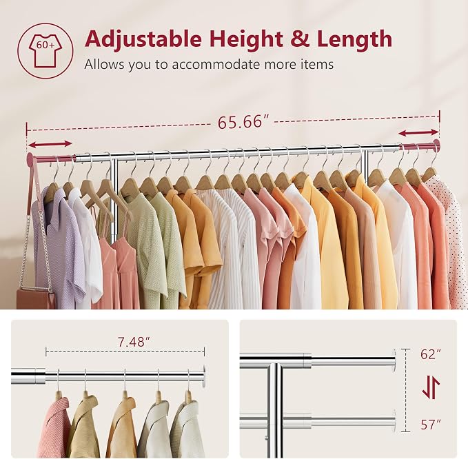 Tajsoon Heavy Duty Clothes Rack Foldable Garment Rack with Wheels and Extendable Rod, Freestanding Clothing Rack for Hanging Clothes, Adjustable ＆ Collapsible Rolling Racks with Bottom Shelf, Chrome