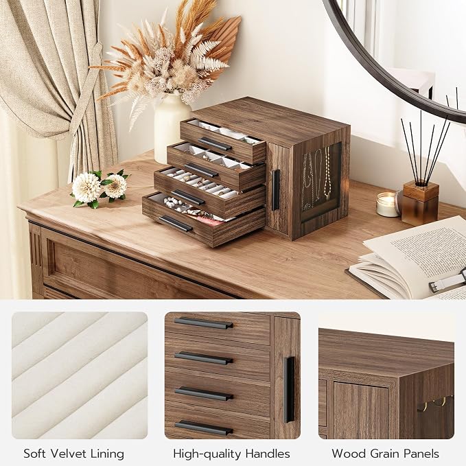 HOOBRO Jewelry Box for Women, Wooden Jewelry Organizer with Transparent Window, 4-Layer Jewelry Organizer Box, Jewelry Holder Organizer for Earrings, Necklaces, Rings, Walnut and Black BH09JB04
