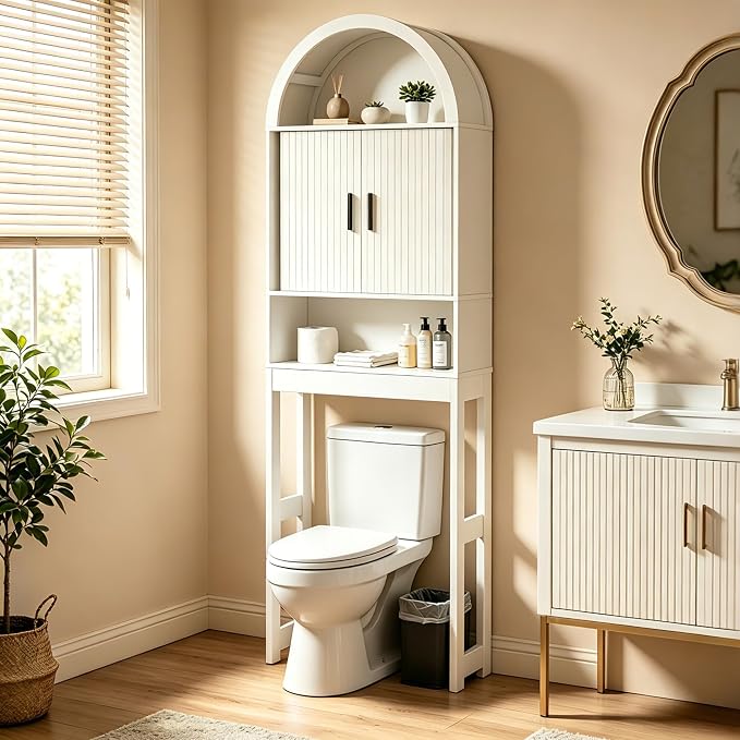 Arched Over The Toilet Storage Cabinet, White Freestanding Bathroom Organizer with Sliding Door, Adjustable Shelf & Anti-Tip Device for Bathroom, Laundry