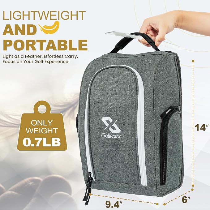 Golkcurx Golf Shoe Bag Travel Sport Shoe Carrier Bags for Men Women, Grey | Zippered, Side Accessory Pockets, for Socks, Tees, Golf Balls, Travel Sport Shoe Carrier, Golf Accessories, Golf Gifts