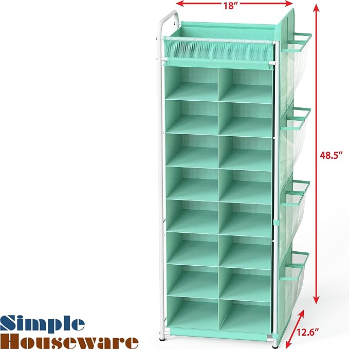 Simple Houseware 16 Cube Shoe Stand Tower Rack 8 Tier, Turquoise | Top Shelf and Side Hanging Pockets