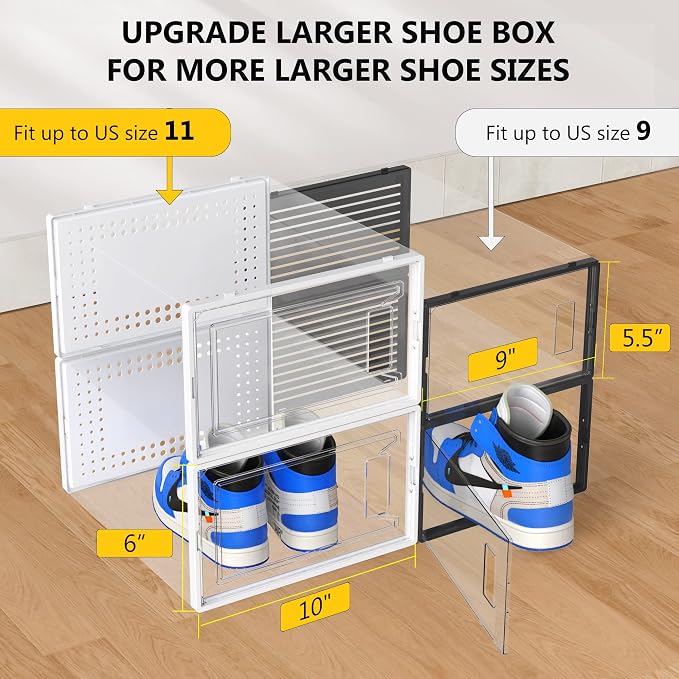 Snaxo 12 Pack X-Large Clear Shoe Storage Boxes, Stackable Modular Plastic Shoe Organizer Front-Opening Door, Ventilated Dust-Proof Sneaker Display Cases Closet and Entryway, White
