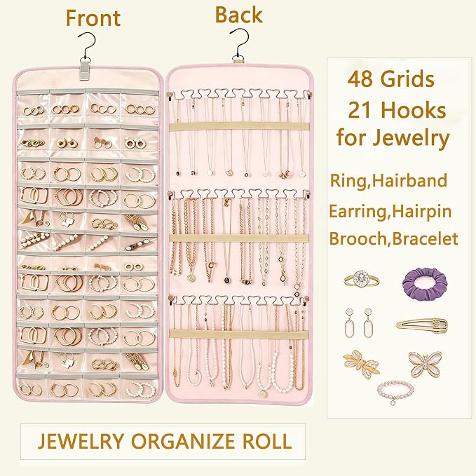 Hanging Jewelry Organizer, Double-Sided Jewelry Organizers and Storage with 48 Pockets and 21 Hooks for Necklaces Earrings Rings, Jewelry Travel Roll Over the Door for Closet Wall (1, Pink)