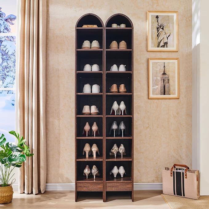 IFGET 67" Tall Arched Shoe Storage Cabinet, 8 Tiers 8 Pairs Wooden Shoe Rack with 3 Adjustable Shelves, Freestanding Shoe Closet Shelf Organizer for Entryway, Hallway, Living Room (Brown)