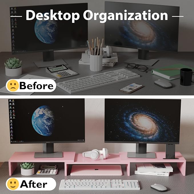 BONTEC Dual Monitor Stand Riser with Smartphone Holder, Adjustable Length & Swivel Angle, Ergonomic Wooden Desktop Organizer for PC Monitor, Laptop, Printer, Large Storage, 42.5 in, Pink
