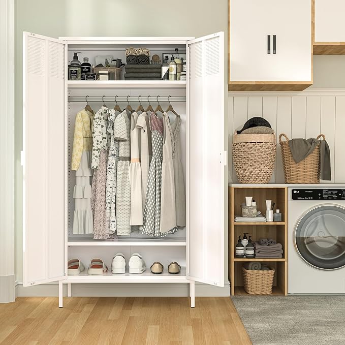 Ustamio 71 Inches White Metal Wardrobe Cabinet with Hanging Rod, Metal Armoire Wardrobe Closet with Doors for Bedroom, Office, Laundry Room and Changing Room, Metal Locker Cabinet