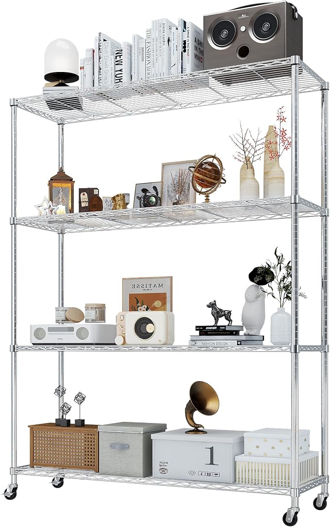 Karl home Silver 4-Tier Wire Storage Shelving with Wheels, 800LBS | Rolling Storage Unit Dimension 64.96"H X 46.06" W X 17.7" D, Multipurpose Organizer for Garage, Kitchen, Basement