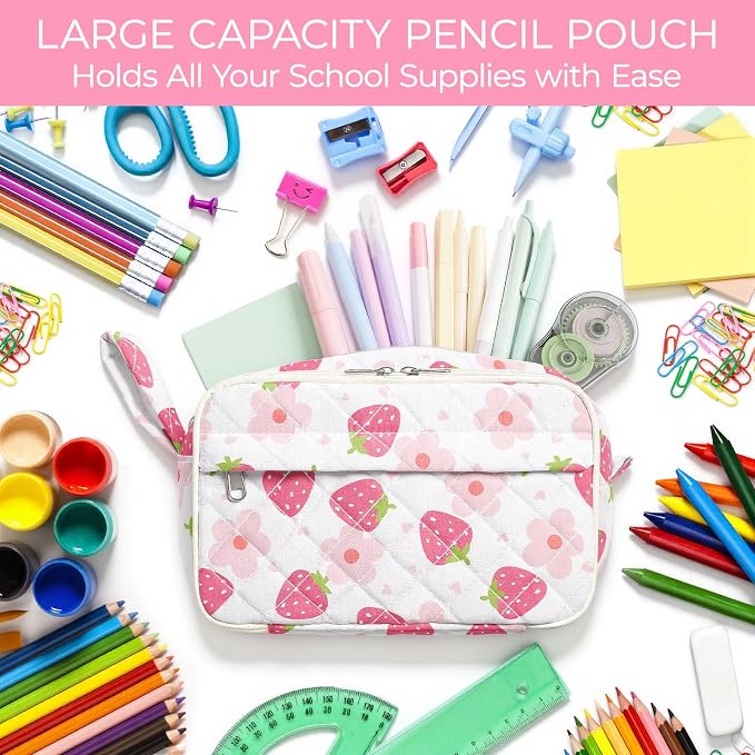WOBAGMEN Quilted Pencil Pouch for Women, Large Capacity Pencil Case with Compartments, Cute Aesthetic Pencil Organizer, Floral Stationery Pouch（Cute Strawberry Floral1）