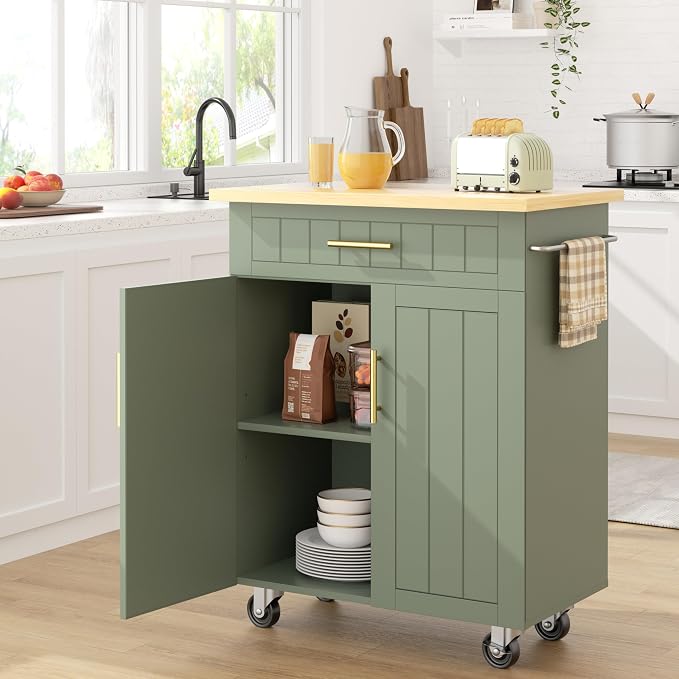 SUNLEI Rolling Kitchen Island Cart with Storage & Drawer – 26" Portable Kitchen Cart with Lockable Wheels, Towel Rack & Open Shelves for Kitchen, Dining Room, Living Room(Green)