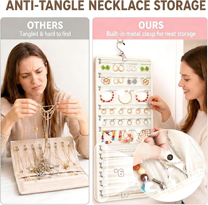 32-Pocket Hanging Jewelry Organizer and Foldable Travel Roll | Clear Zippered Pockets, Necklace Clasps, Swivel Hook and Carry Buckle Keep Pieces Visible and Tangle-Free, White