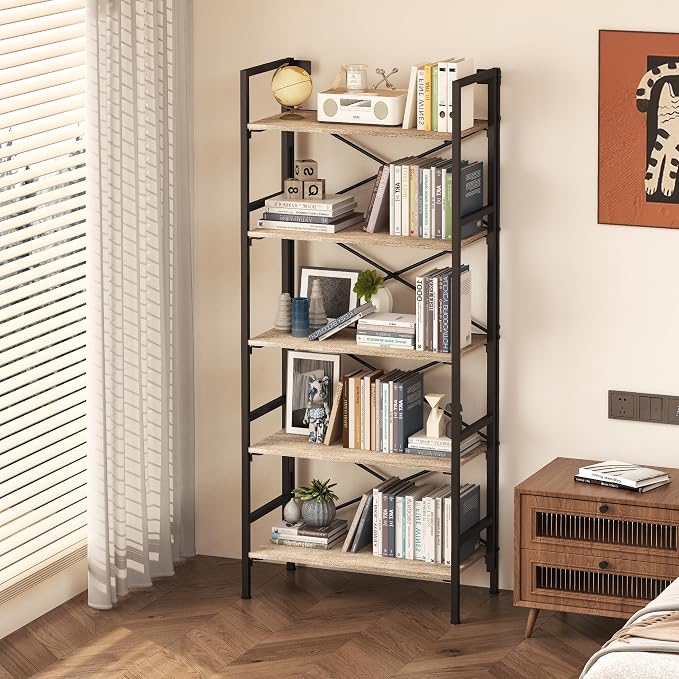 Homeiju Folding Bookshelf,5 Tier Bookcase Foldable Shelf with X-Bracket Design, Adjustable Feet, Space Saving Storage for Living Room, Office