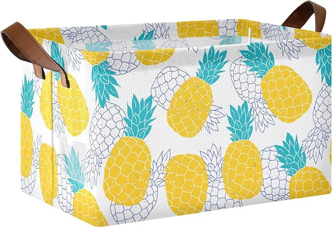 Aqua Blue and Yellow Pineapple Storage Basket Foldable Cube Storage Bins with Handles&Label Waterproof Collapsible Organizer Box Bin Large Rectangle Decorative Baskets for Shelves Home Room Laundry
