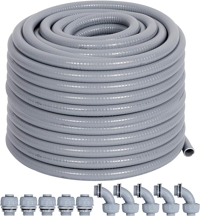 Liquid-Tight Conduit 1/2 100ft w/UL Certification | Flexible Electrical Conduit with 5 Straight and 5 90-Degree Conduit Connector Fittings