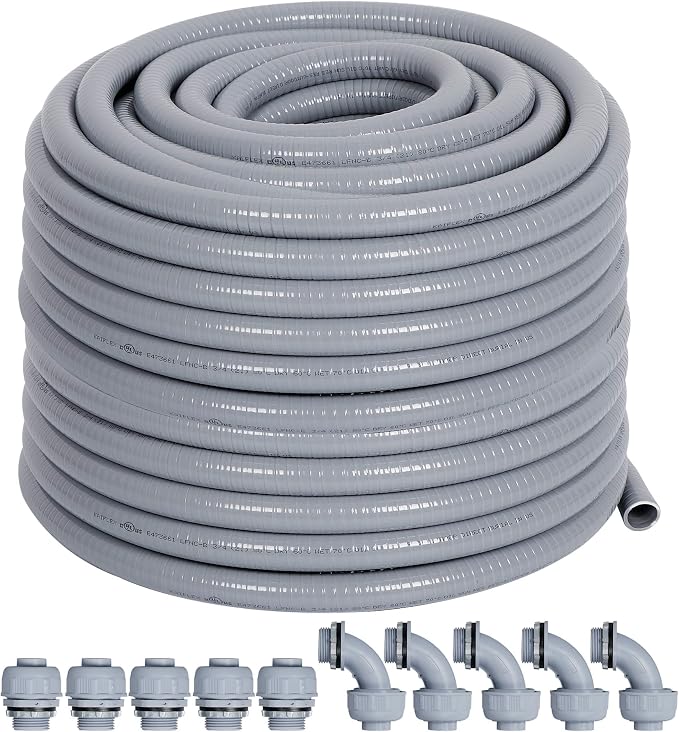 Liquid-Tight Conduit 3/4 100ft w/UL Certification | Flexible Electrical Conduit with 5 Straight and 5 90-Degree Conduit Connector Fittings