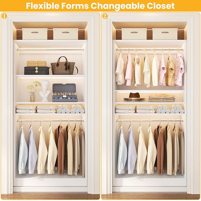 Unikito 72'' Closet System with 4 Hanging Rods, Walk-in Clothing Organizer, 2-Piece Wood Garment Rack for Bedroom, White