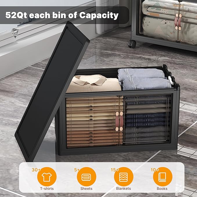 UAMFURI Stackable Storage Bins with Lids, Extra Large Plastic Organizer Cabinet Drawers, 288QT Collapsible Closet Containers with Doors and Wheels,For Bedroom, Kitchen, Office, Garage,(6Pack Cube)