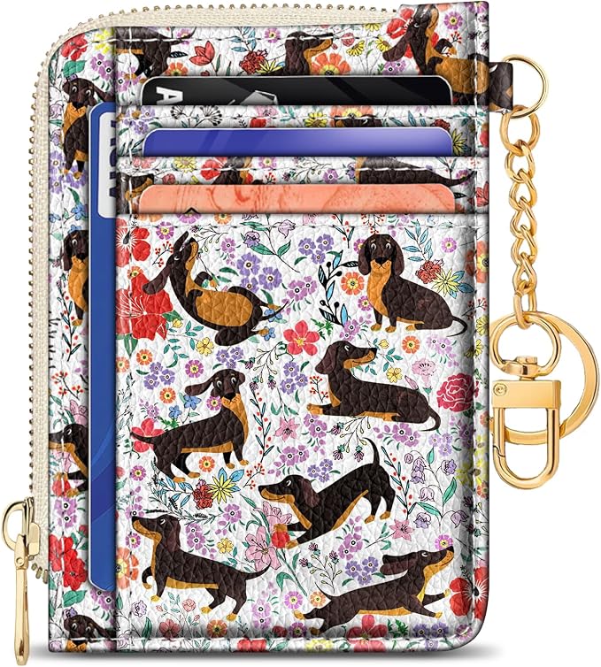 GIANCOMICS Slim Wallet Credit Card Holder Women, Dachshund Rfid Blocking Small Card Case, Keychain Thin Pocket Curved Zipper Wallet, Travel Card Holder PU Leather ID Window, Ladies Female Gifts