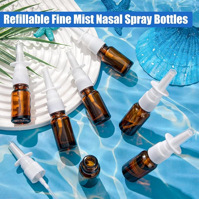20 Pcs Nasal Spray Bottle, 10ML/0.35OZ 12Pcs Glass Brown Nasal Spray Bottles Empty with 4 Funnels and 4 Labels