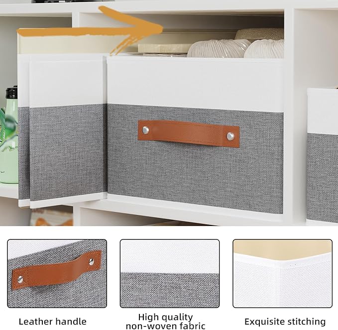 Storage Basket for Shelves, Closet Bin with Handles, 18.5×11×7.9inch Open Foldable Baskets, Fabric Containers Clothes Boxes for Organizing, White and Grey, 6-Pack