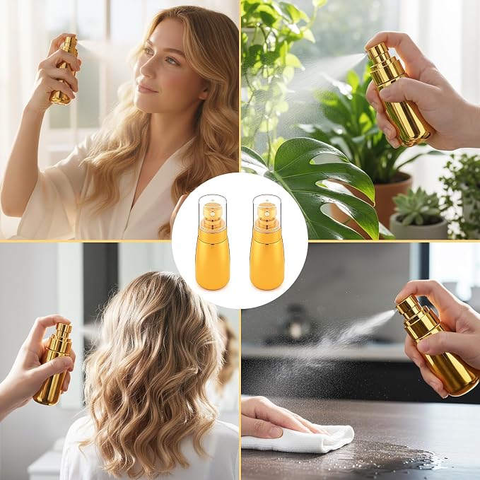 Travel Spray Bottle 2oz/60ml 2 Pack TSA Approved | Gold, Fine Mist Spray Bottles, Leak Proof, Small Sprayer Bottle, Refillable Travel Bottles for Hair, Perfumes, Skincare Water
