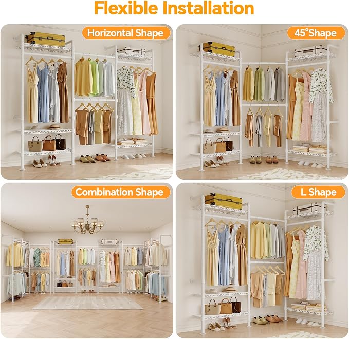 Higeego W3 Wall Mounted Closet System, Expandable Clothes Rack Heavy Duty Garment Rack Clothing Rack for Hanging Clothes, Industrial Pipe Closet Rack for Reach in Closet, White