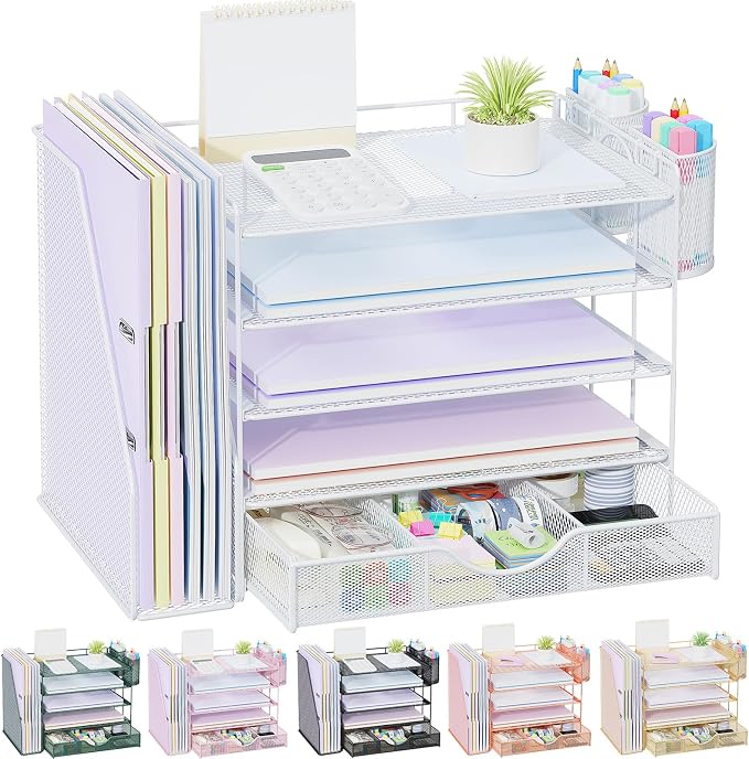 gianotter 5-Tier Desk Organizer with Drawers, File Holders, Letter Trays and Pen Holders - Workspace Accessories for Office Supplies (White)