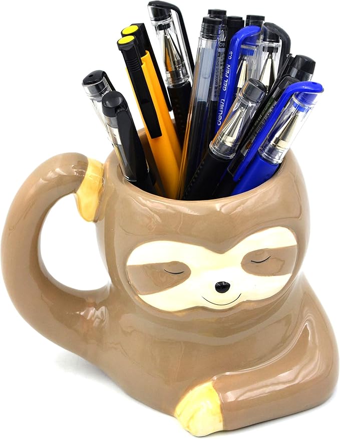 3.9 Inch Ceramic Sloth Shaped Cup Pen Holder Pencil Holder/Sloth Toothbrush Holder Cup Brush Holder Cute Desk Accessories Multipurpose Pot Sloth Gifts Ideal Gifts for Women, Mom or Birthdays