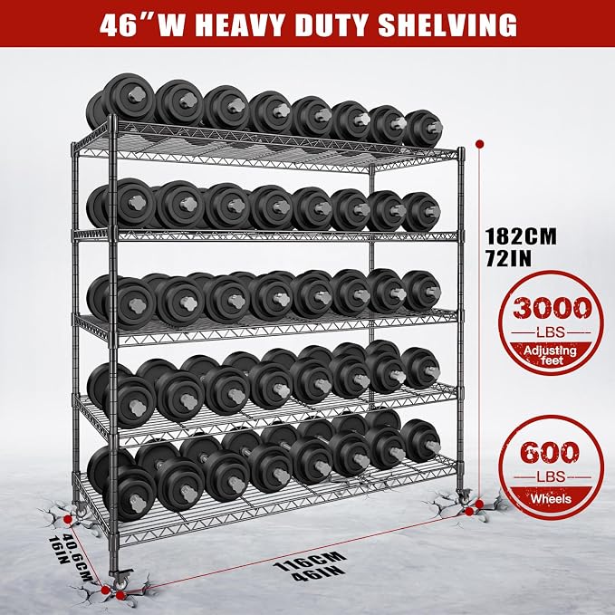AIRAJ 5 Tier Wire Shelving | 46” W Rolling Wire Rack with Wheels | 3000 LBS Metal Shelving | Storage Shelves Heavy Duty | Garage Shelving Units and Storage | Adjustable Layer Height | 46”W×16”D×72”H