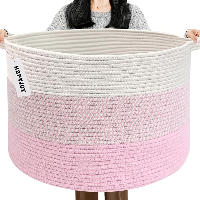 90L Extra Large Blanket Basket,Woven Rope Laundry Basket Hamper with Handles, Decorative Nursery Basket Storage Bin for Toys, Clothes Organizer, Living Room, Bedroom, Bathroom, Pink