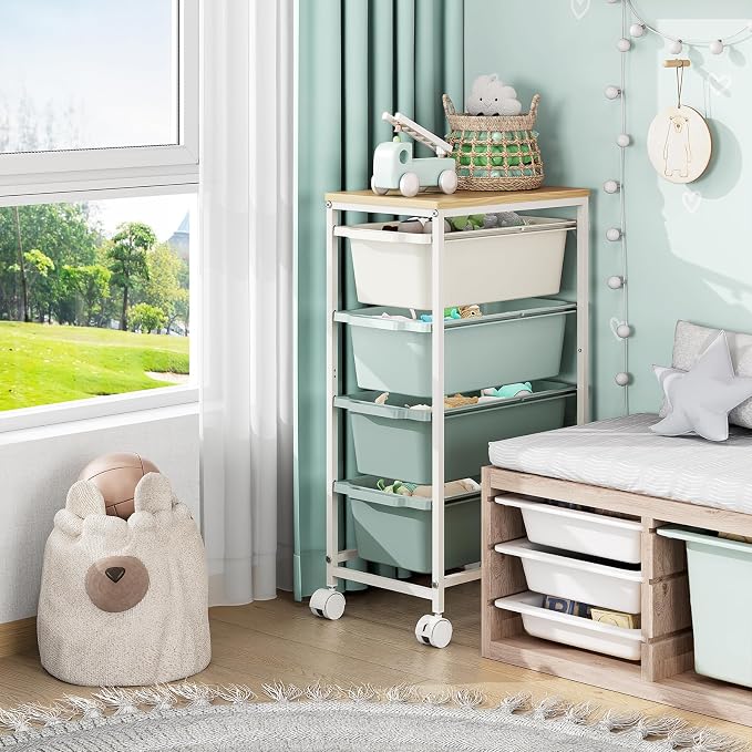 Slim Rolling Storage Cart with 4 Drawers, Craft Organizer, Wooden Tabletop Utility Cart for Bedroom, Children's Room and Office Organization, Table Side Trolley with Lockable Wheels, Green