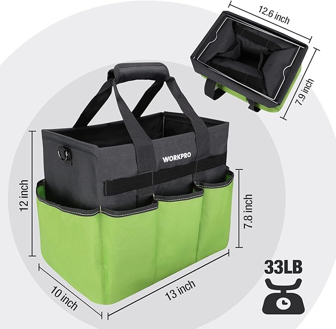 WORKPRO Garden Tool Bag, 10 Pockets and Shoulder Strap, Green | Heavy Duty Gardening Organizer Tote Bag Standable Garden Home Tool Kits Organizer (Tools are not Included)