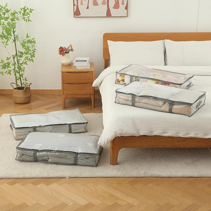 4 Pack Under Bed Storage Containers, Heavy-Duty Material Plastic Underbed Storage Bins, Blanket/Clothes Storage Bags with Lid, Bedding Comforter/Sheet/Closet Organizer and Storage
