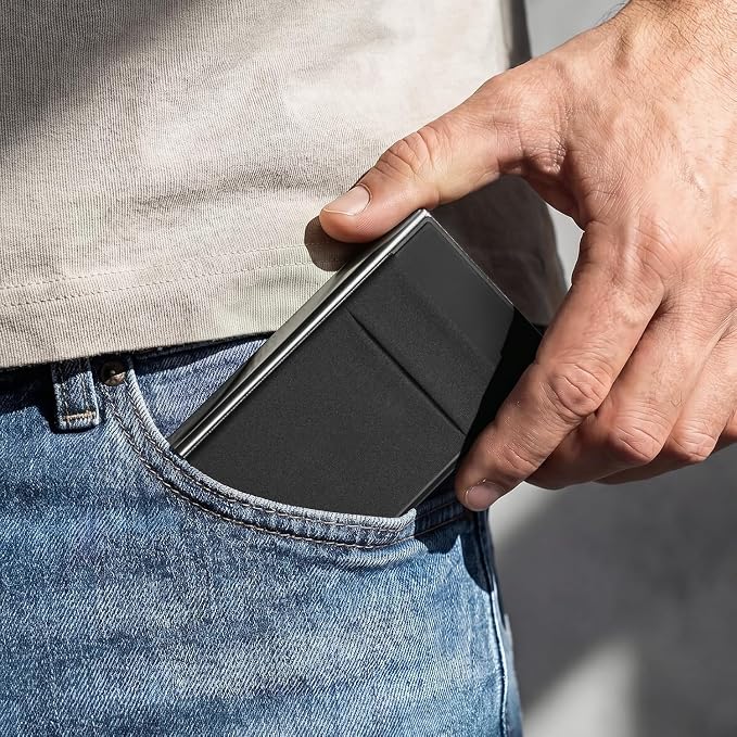 Bauhaus Slim Wallet for Men Pop-Up Card Holder | Ultra-Thin RFID NFC Blocking Automatic Ejector | Lycra Elastic Pocket Holds 7 Cards + ID + AirTag + Cash | Gift for Men Black and Gunmetal