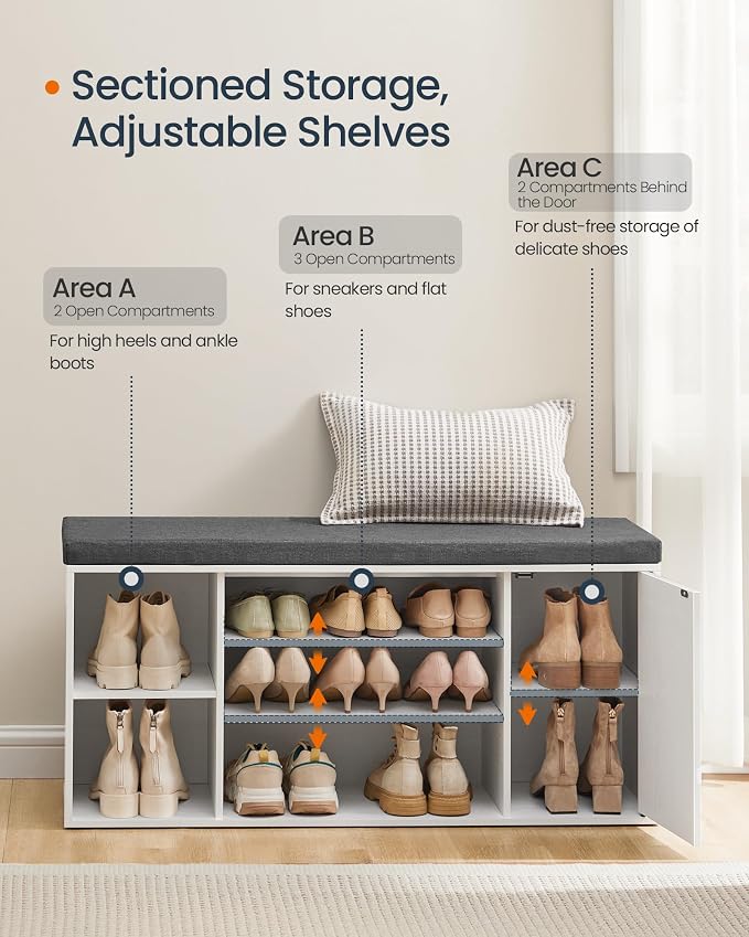 SONGMICS HOME Storage Bench, Snapsemble Superfast Assembly, 41" Wide Entryway Shoe Cubby Bench with Cushion & Adjustable Shelves, Window Shoe Rack Cabinet, Snow White and Slate Gray ULHS391WE02S