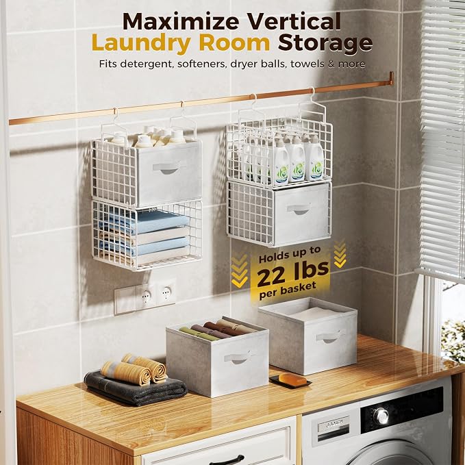 4 Tier Hanging Closet Organizer with 4 Drawers, Metal Closet Organizers and Storage with 4 Hanging Hooks for Wardrobe Laundry Room Garage, Wire Storage Shelf for Clothes Sweaters Pants, White