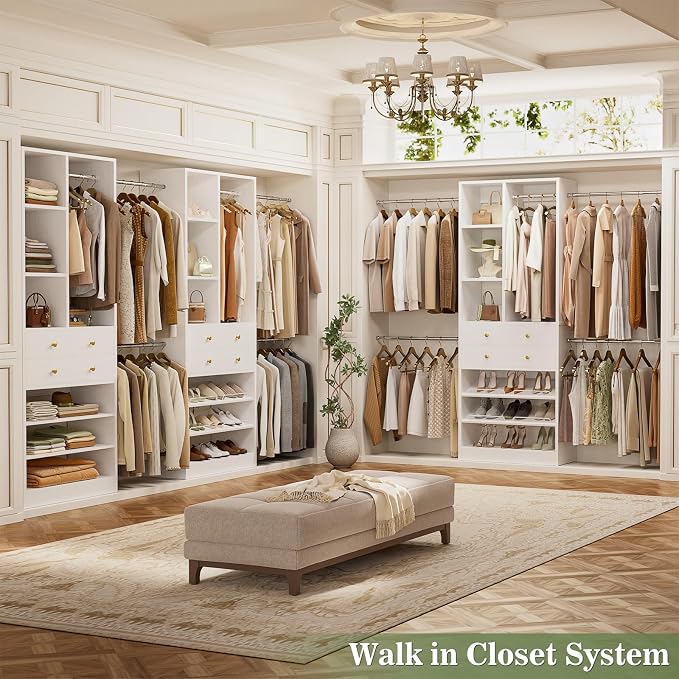 Besiost Closet System, 4.2–8.8 FT Closet Organizer with 2 Wooden Drawers and Shelves, Walk-in Closet System with 5 Hang Rods, Built-in Reach in Closet Tower, Can Fit 60 to 96 inch, White