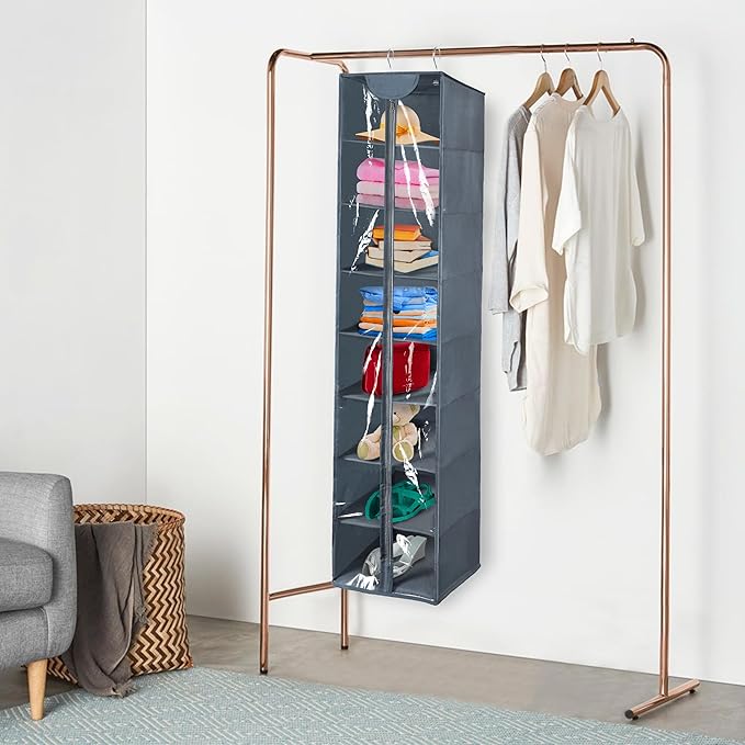 Libeder Hanging Closet Organizer, 8-Shelf Wardrobe Clothes Storage Organizer with Zipper,Hanging Shelves for Sweater,Shoes,Purse,Hats,Gray