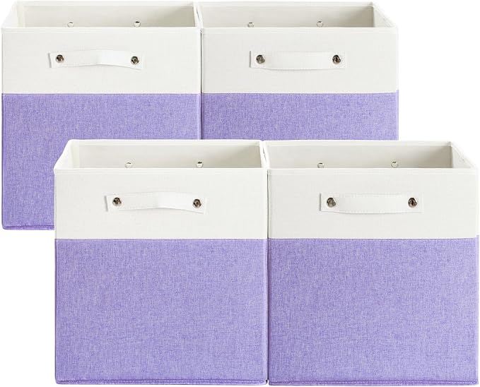 FinishingBo 13 x 13 Inch Fine Linen Storage Bins with Handles，Fabric Cube Boxs，Basket Organizers for Shelves for Home, Closet Drawers (White/Purple-4 Pack)