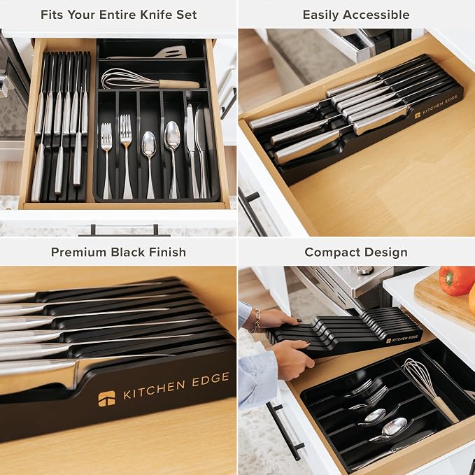 KitchenEdge In-Drawer Knife Block Holder, 11 Slots, Black | Fits most knife sizes, rubber feet, food-safe finish
