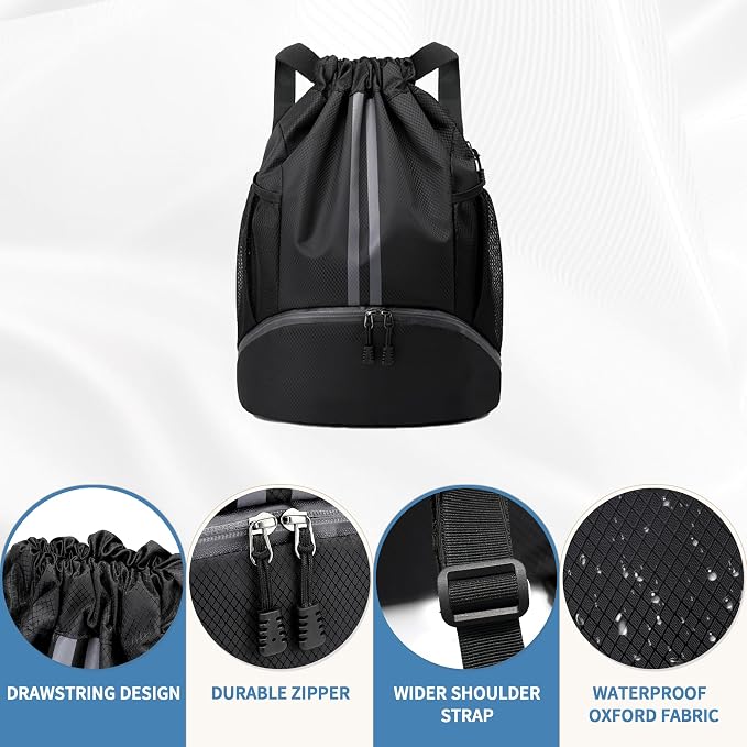JELUTAR Drawstring Backpack Gym Bag with Shoes Compartment, Black | Water-Resistant String Backpack for Soccer, Basketball, Swim, Beach Cinch for Women Men, 18 L Large Capacity, Wet Pocket