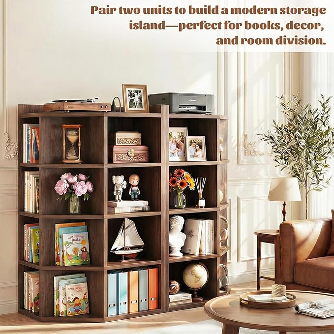 Aheaplus Corner Cube Book Shelf, 5-Tier Corner Cabinet with Power Outlets, Corner Cube Storage Shelf with Top Table, Wooden L Shaped Cubby Bookcase for Home Office, Bedroom, Living Room, Black Walnut