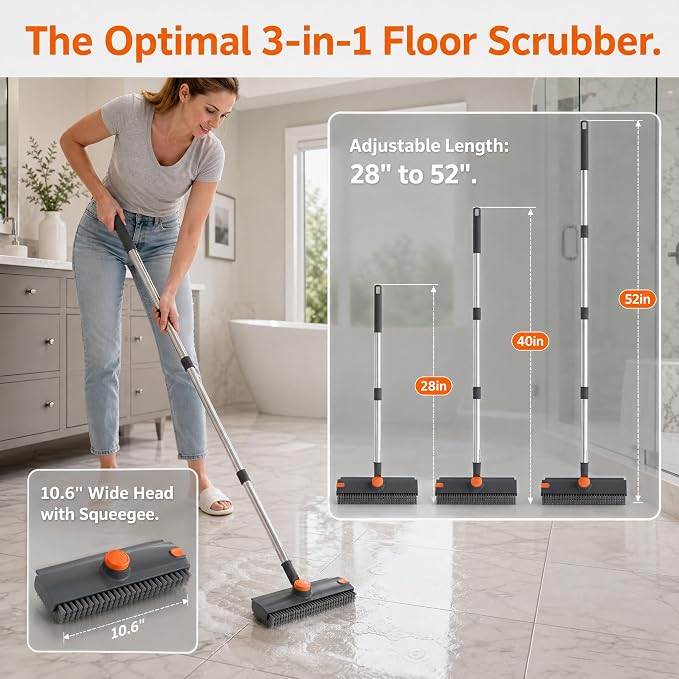 3 in 1 Long Handle Floor Scrub Brush with Squeegee | Adjustable stiff bristle scrubber with squeegee & tweezer, duty multi-surface for shower tile patio kitchen bathtub cleaning