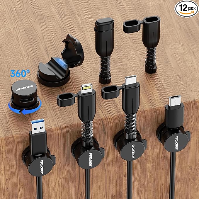 6 Desktop Cord Organizer Magnetic Spring Cable Clips Rotatable Cord Holder 2 Charging Cord Protecors for Nightstand Phone Charger Organizer Computer Desk Cable Management Appliance Adhesive Wire Strap