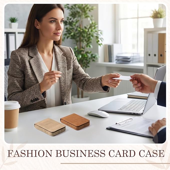 Outus 2 Pcs Business Card Holder, PU Leather Business Card Case Pocket Wallet with Magnetic Shut for Men Women(Wood,Classic)
