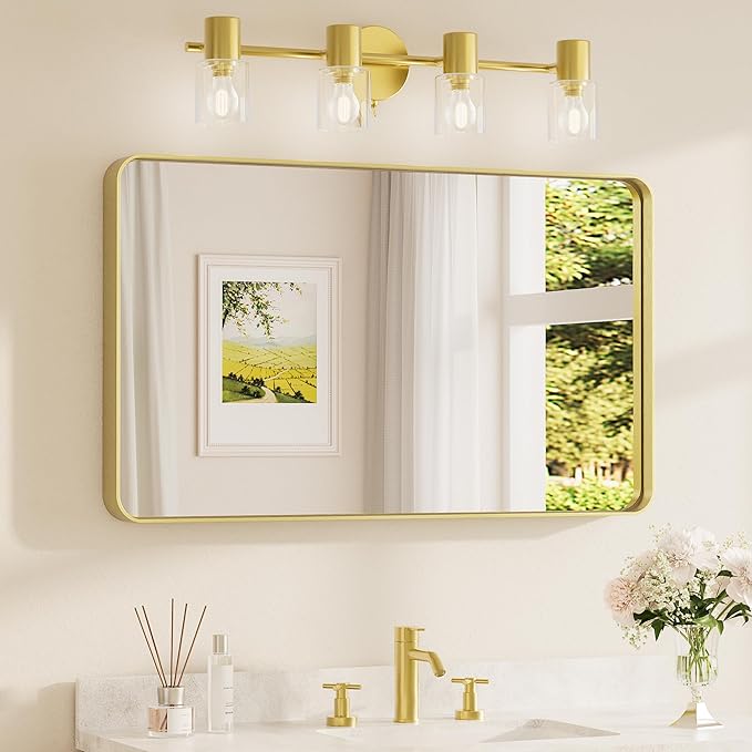 TETOTE Brushed Gold Bathroom Mirror, 40 x 24 Inch Metal Framed Mirror, Brushed Brass Rectangle Wall Mounted Golden Vanity Mirror (Horizontal/Vertical)