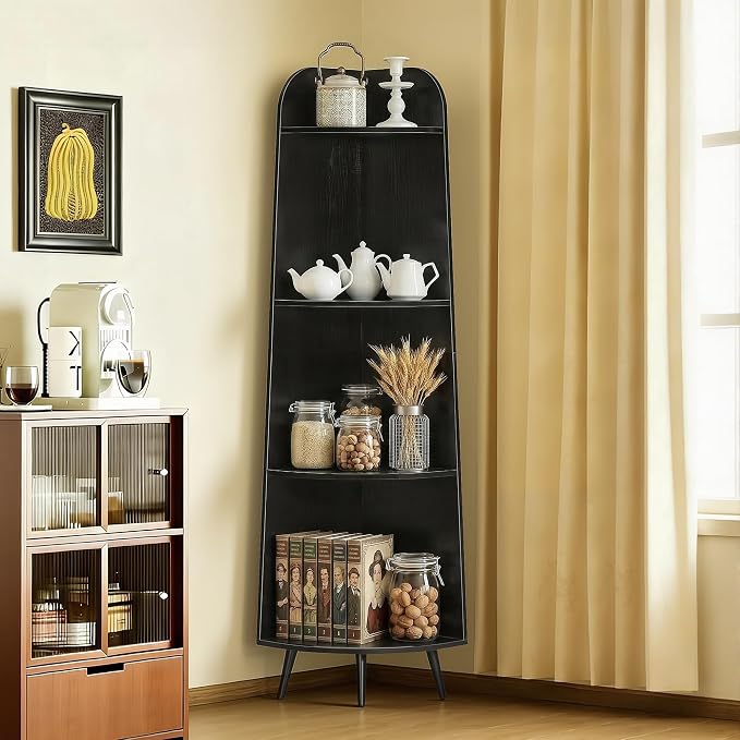 VECELO 4-Tier Curved Corner Shelf, 66.93" Tall Freestanding Corner Bookshelf, Narrow Vertical Corner Display Rack with 17.32" Spacious Open Tiers for Bedroom Living Room Small Spaces, Black