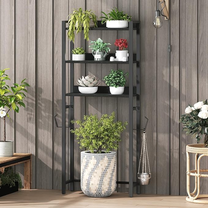 MAHANCRIS Over The Toilet Storage Rack, 3 Tier Bathroom Organizer Over Toilet, Freestanding Space Saver Toilet Stand with 2 Hooks, Bathroom Storage Shelf, Easy to Assemble, Black TSBK6001