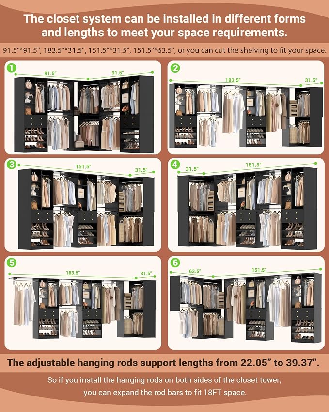 Closet System (Set of 3) with 4 Drawers, 8 Hanging Robs, 91.5"/151" Closet Organizer System with Corner Tower, Reversible Walk-in Closet System Corner Closet System, Black