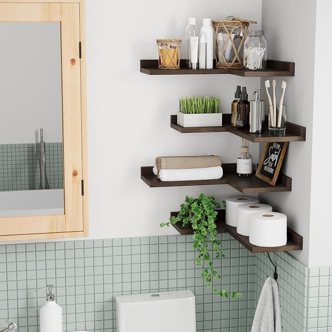 4 Tier Floating Corner Shelves - Set of 4 Rustic Wooden Floating Corner Wall Shelf with Cord Hole, L Shaped Corner Shelf Wall Mount for Bedroom,Living Room,Bathroom,Kitchen, Walnut Color