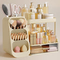 HBlife Bathroom Organizers and Storage with Brush Holder for Vanity, 3 Tier Plastic Makeup Organizer for Dresser Counter, Skincare, Lipstick, Perfume, and Cosmetic Storage, Beige